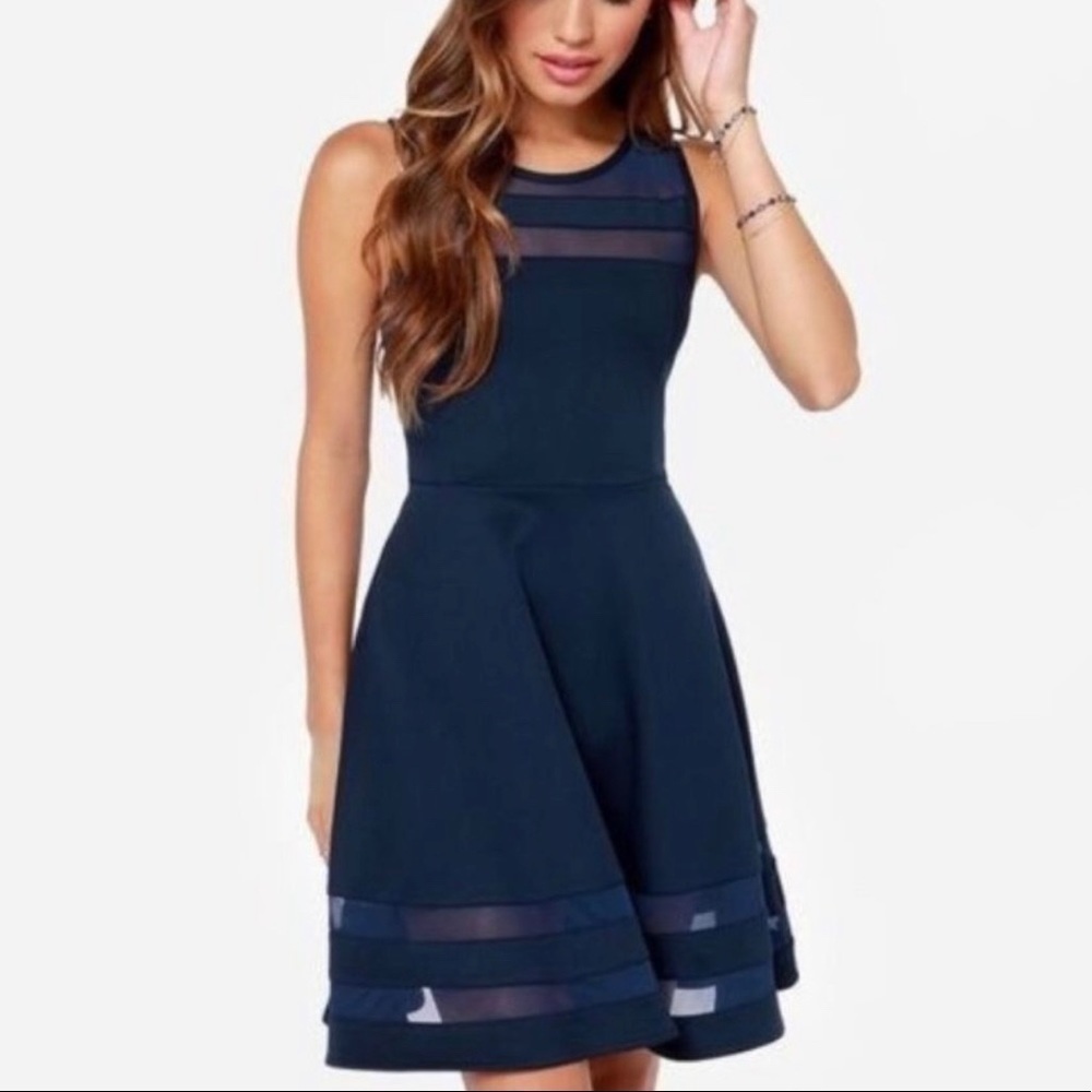 Lulu’s Navy Sheer Determination Fit Flare Dress Sm